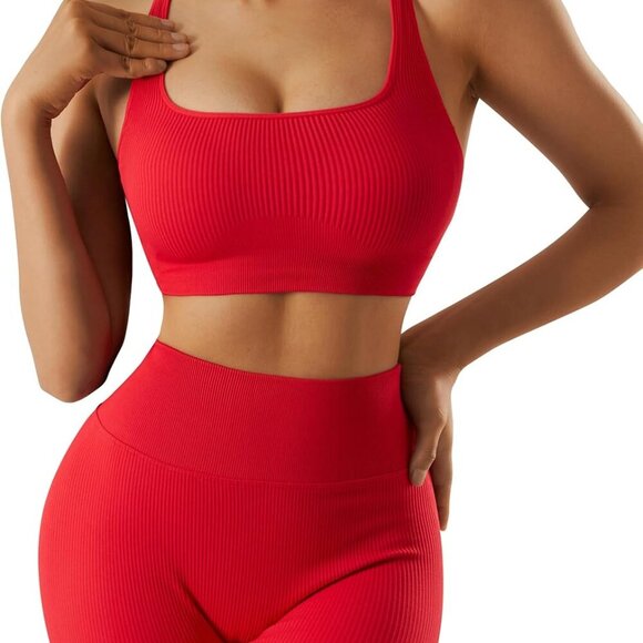 Ribbed Workout Sets for Women 2 Piece Backless Strappy Sports Bra Seamless Leggi - Picture 4 of 7